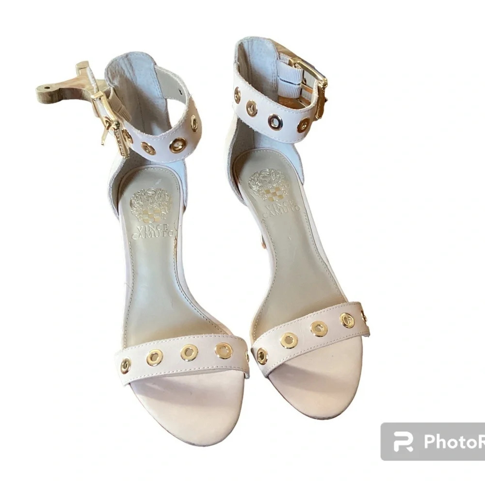 Vince Camuto tan suede shoes ankle straps gold details office night out